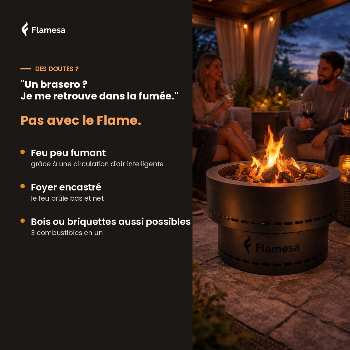 Flamesa Flame: brasero allumé lors d’une soirée en terrasse
