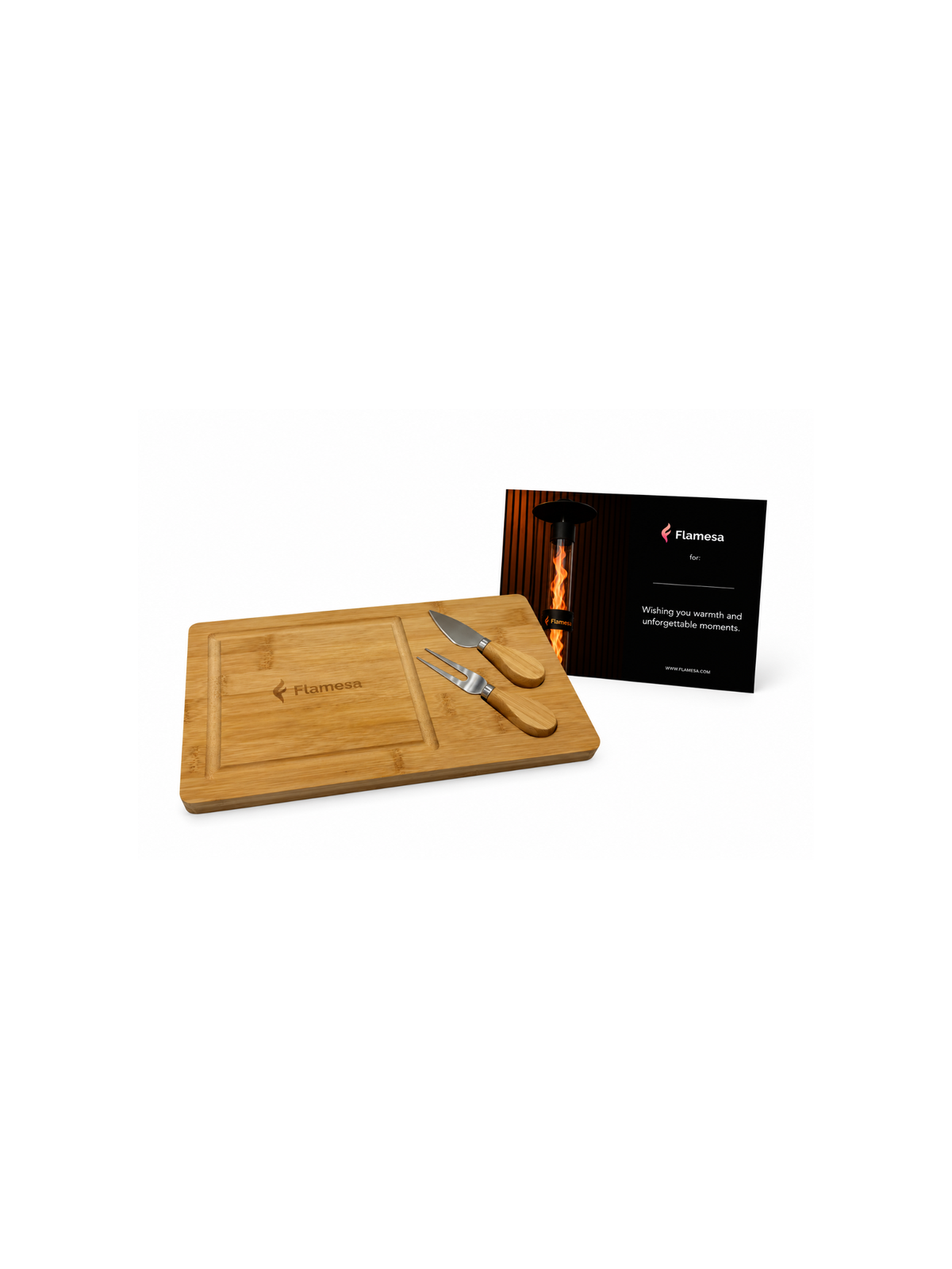 Coffret cadeau Flamesa avec planche à fromage et message personnalisé Flamesa-suisse.ch